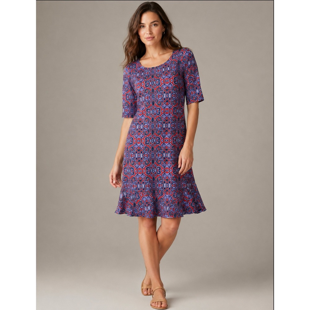 Tracy Negoshian Dress S Red Blue Medallion Print Short Sleeve Flounce Hem Boho